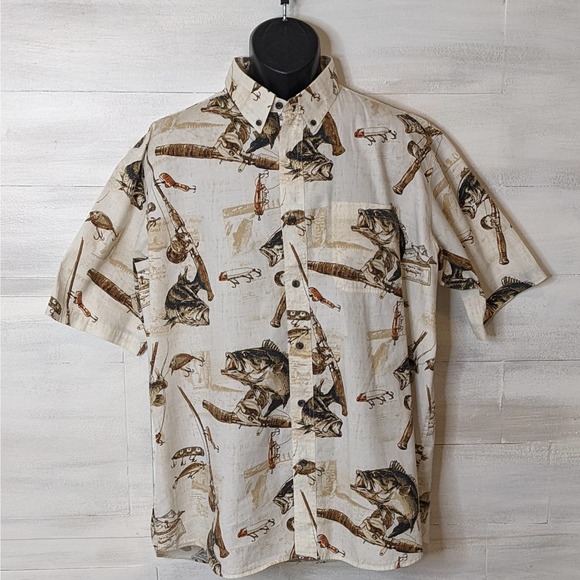 Redhead Fishing Themed Cream Multicolor Men's Shirt Size XL - Picture 1 of 4